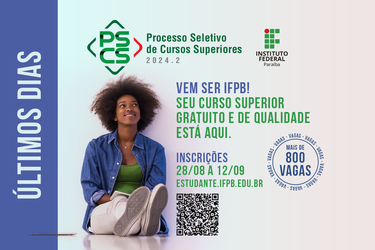 Inscrições para cursos superiores do IFPB só até quinta-feira(12). São mais de 800 vagas gratuitas em toda a Paraíba